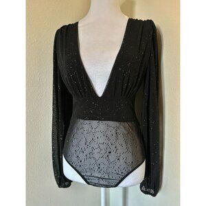 Vintage 1980s Long Sleeve Sheer Black Bodysuit With Glitter And Plunge Neckline